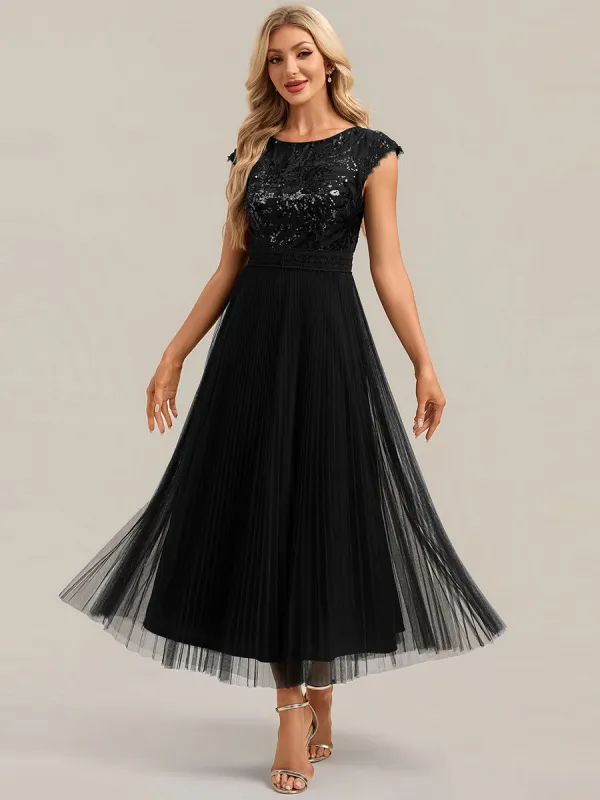 See-through Glitter Cap Sleeve A-Line Wedding Guest Dress made by Ever Pretty