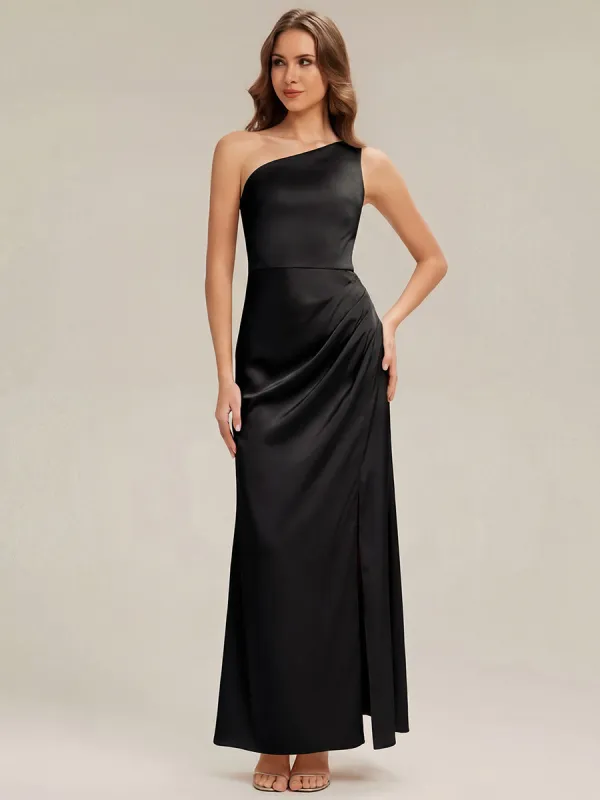 Thigh-High Slit One-Shoulder Satin Sleeveless Bridesmaid Dress made by Ever Pretty