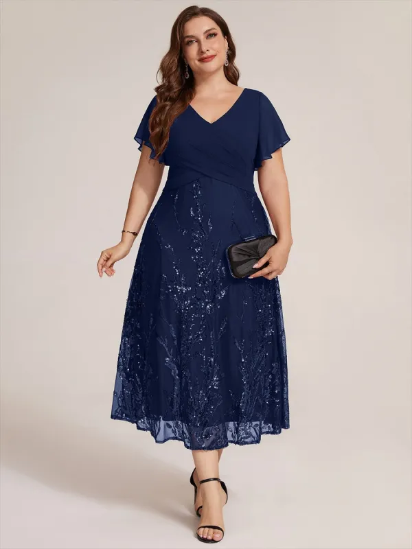 Plus Size Chiffon Sequin Ruffle Sleeve Evening Dress made by Ever Pretty