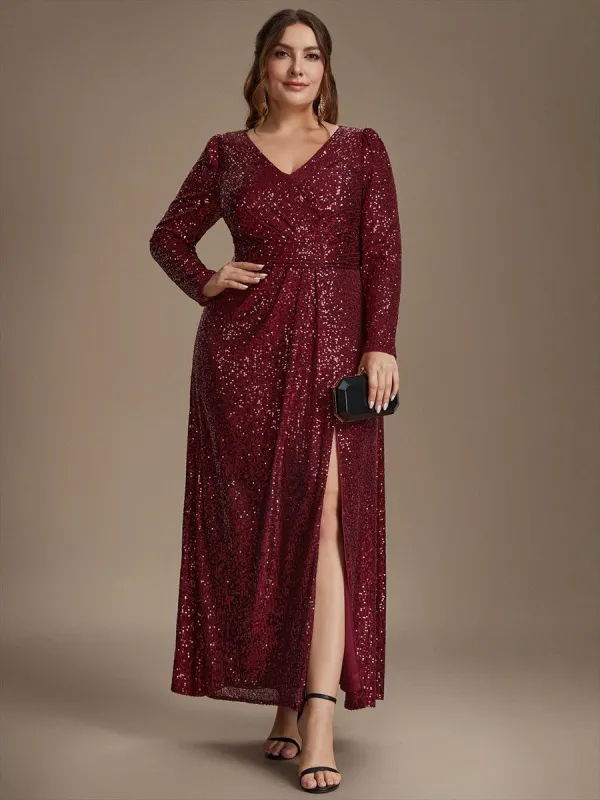 Plus Size Sequins Fitted Long Sleeve Evening Dress made by Ever Pretty