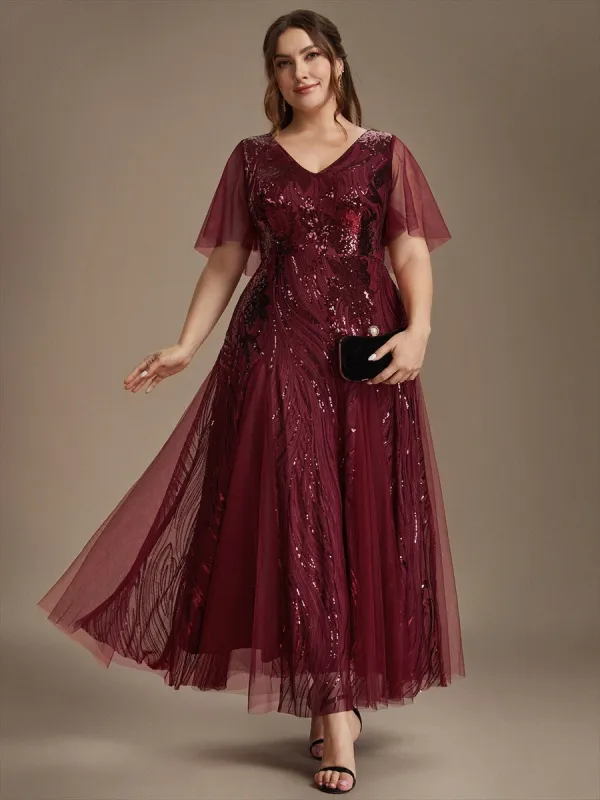 Plus Size Sequin Ruffle Sleeve Evening Dress made by Ever Pretty