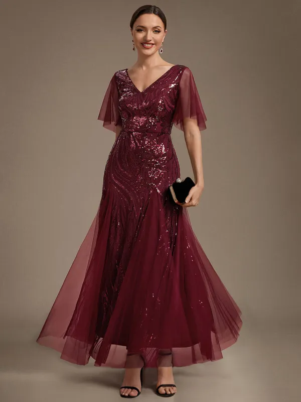 Sequin Tulle Ruffle Sleeve Maxi Evening Dress made by Ever Pretty