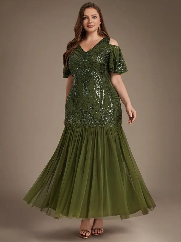 Plus Size Sequin Cutout Ruffle Sleeve Evening Dress made by Ever Pretty