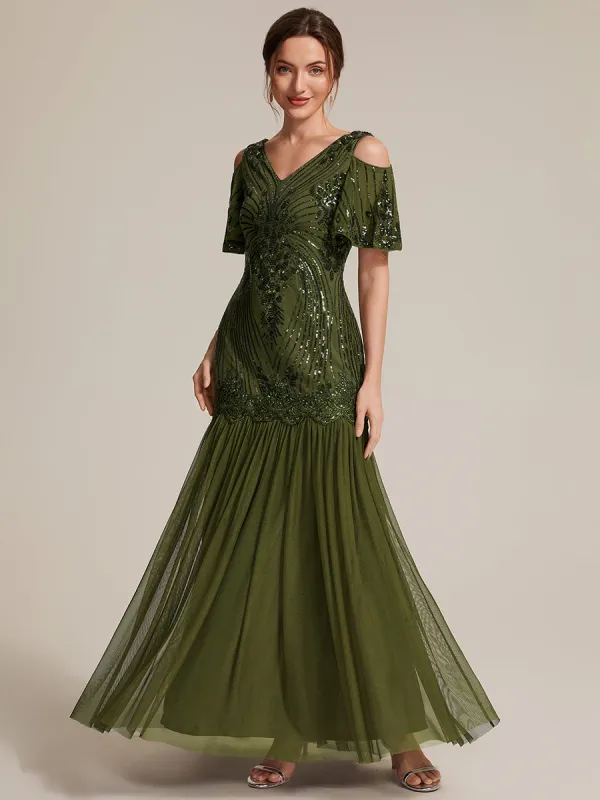 Sequin CutOut Ruffle Sleeve Sheath Evening Dress made by Ever Pretty