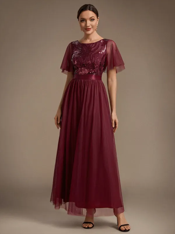 Sequin See-Through Ruffle Sleeve Evening Dress made by Ever Pretty