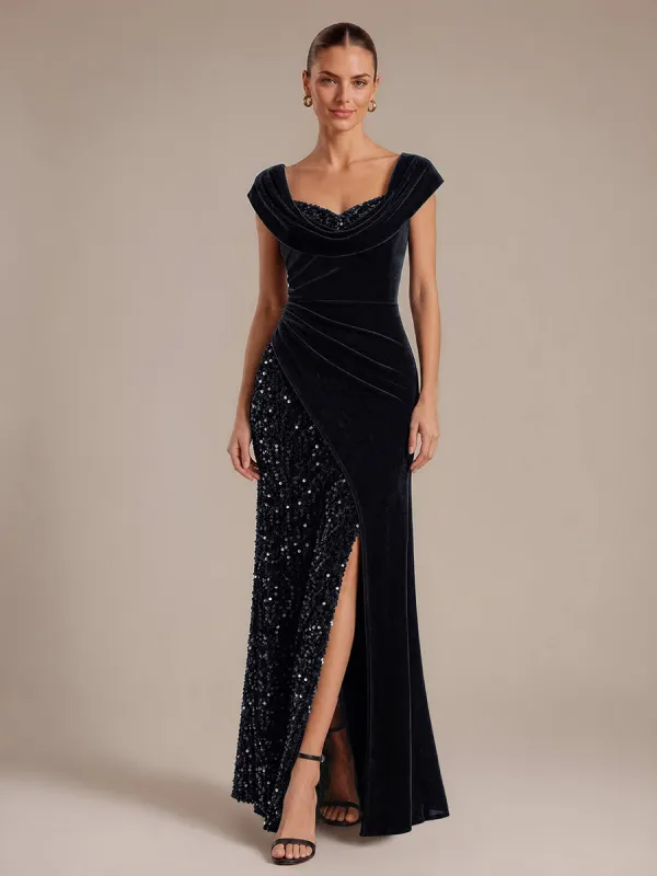 Sequin Slit Velvet Cap Sleeve Evening Dress made by Ever Pretty