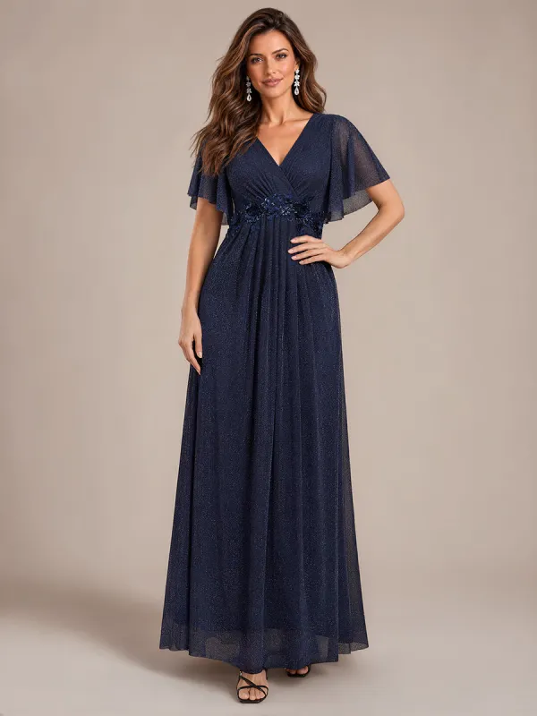 Pleating Lurex Mesh Ruffle Sleeve Evening Dress made by Ever Pretty