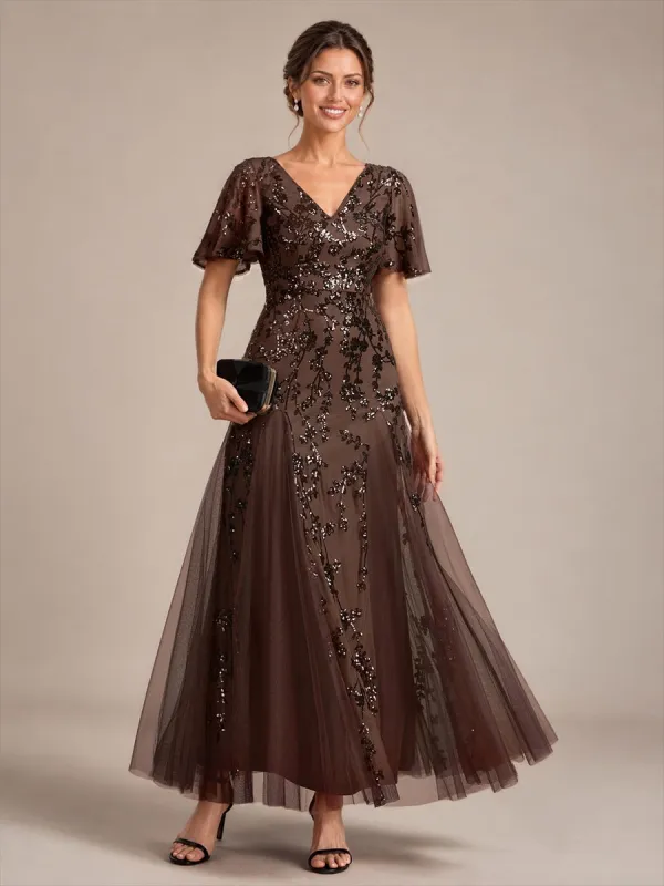 Tiered Tulle Sequins Ruffle Sleeve Evening Dress made by Ever Pretty