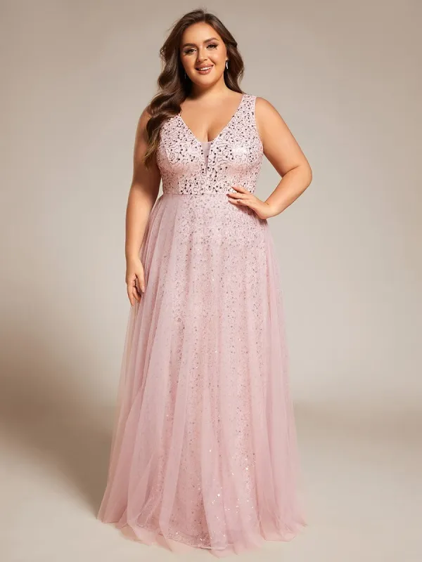 pretty HILLARY|Plus Size Sequin V-Neck Sleeveless Empire Waist Tulle Formal Evening Dress sold by Ever Pretty