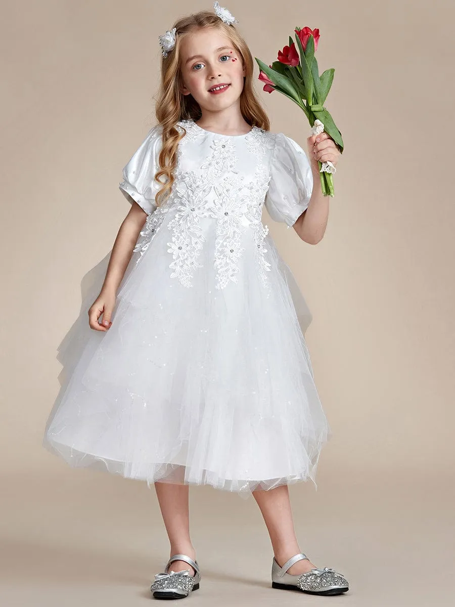 SNOWE|Satin Floral Applique Puff Sleeves Tulle Flower Girl Dress sold by Ever Pretty product image thumbnail 3