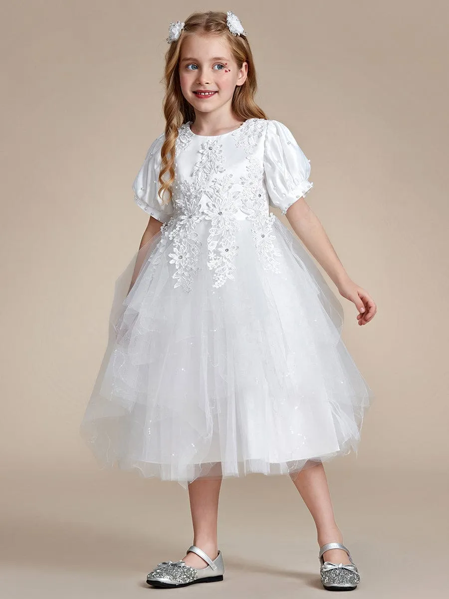SNOWE|Satin Floral Applique Puff Sleeves Tulle Flower Girl Dress sold by Ever Pretty product image thumbnail 4
