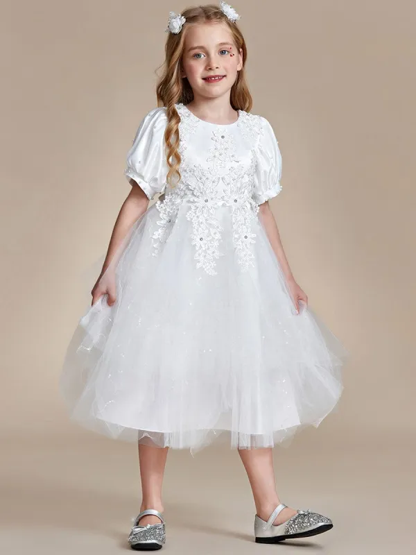 SNOWE|Satin Floral Applique Puff Sleeves Tulle Flower Girl Dress sold by Ever Pretty