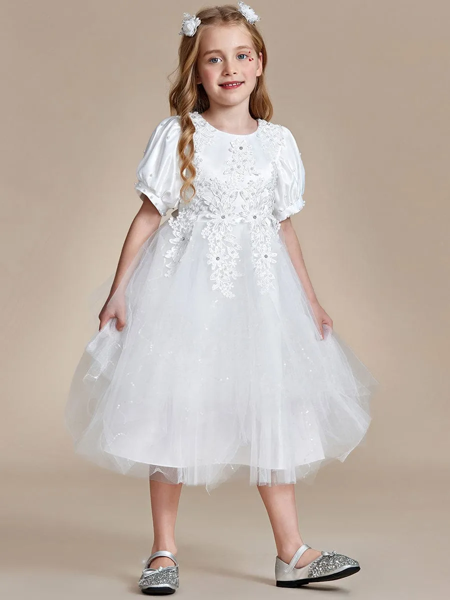 SNOWE|Satin Floral Applique Puff Sleeves Tulle Flower Girl Dress sold by Ever Pretty