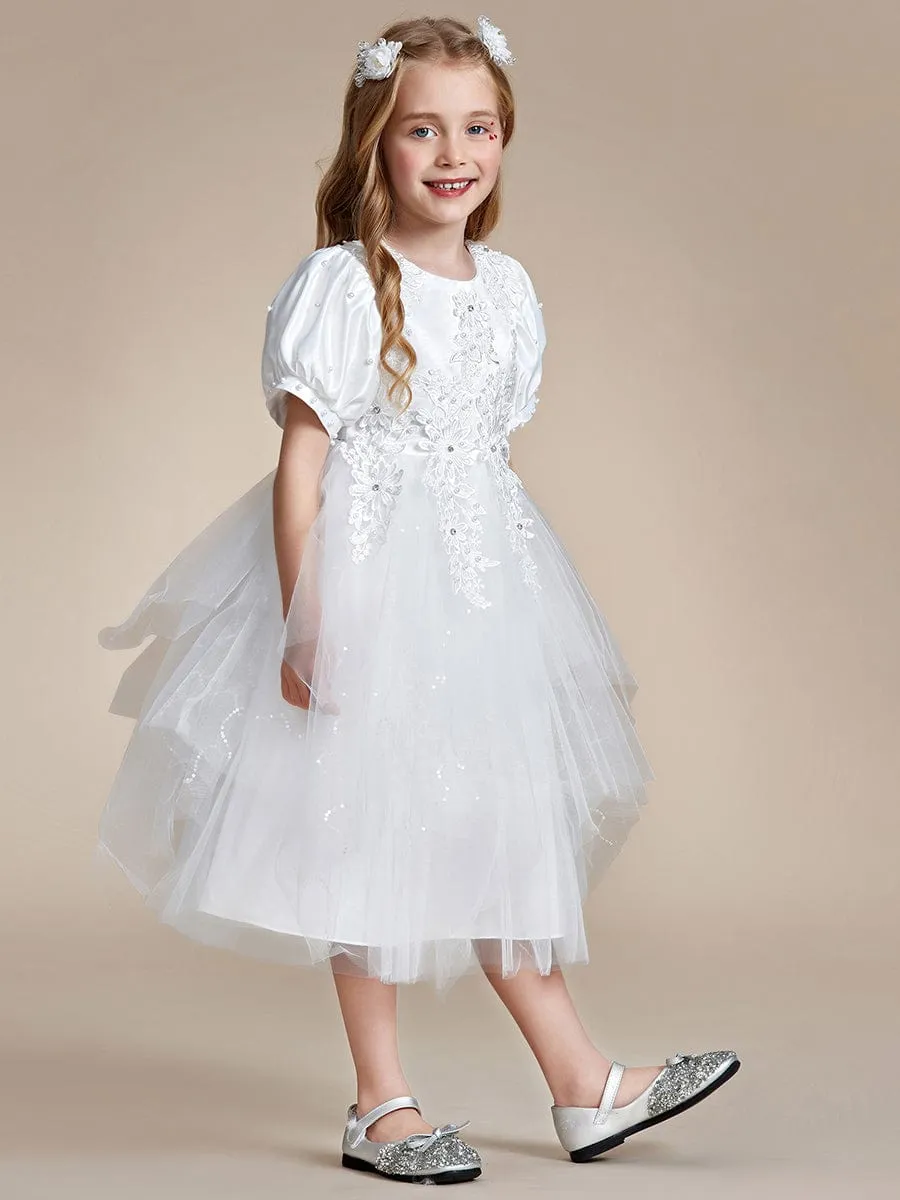 SNOWE|Satin Floral Applique Puff Sleeves Tulle Flower Girl Dress sold by Ever Pretty product image thumbnail 5