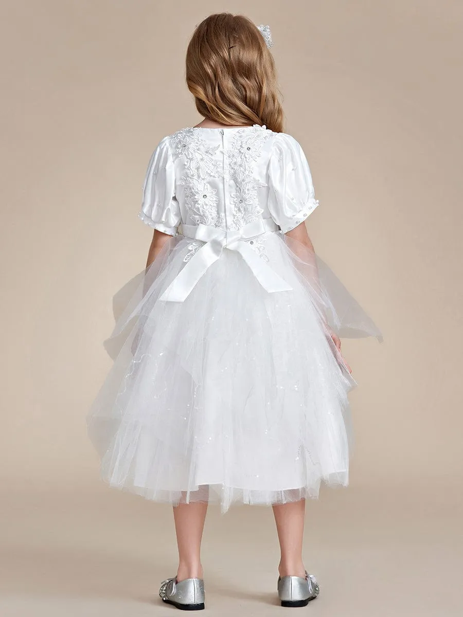SNOWE|Satin Floral Applique Puff Sleeves Tulle Flower Girl Dress sold by Ever Pretty product image thumbnail 2