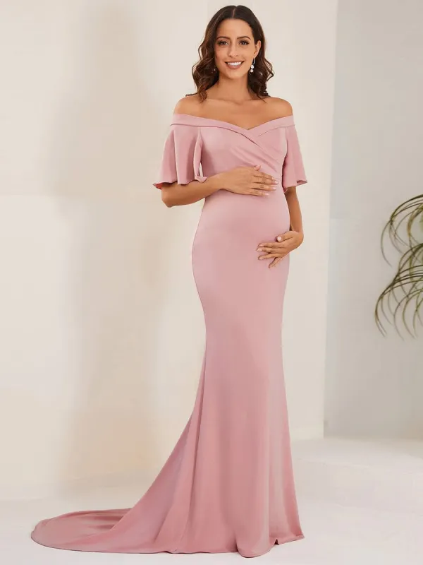 V-Neck Off-Shoulder A-Line Fishtail Maternity Dress sold by Ever Pretty