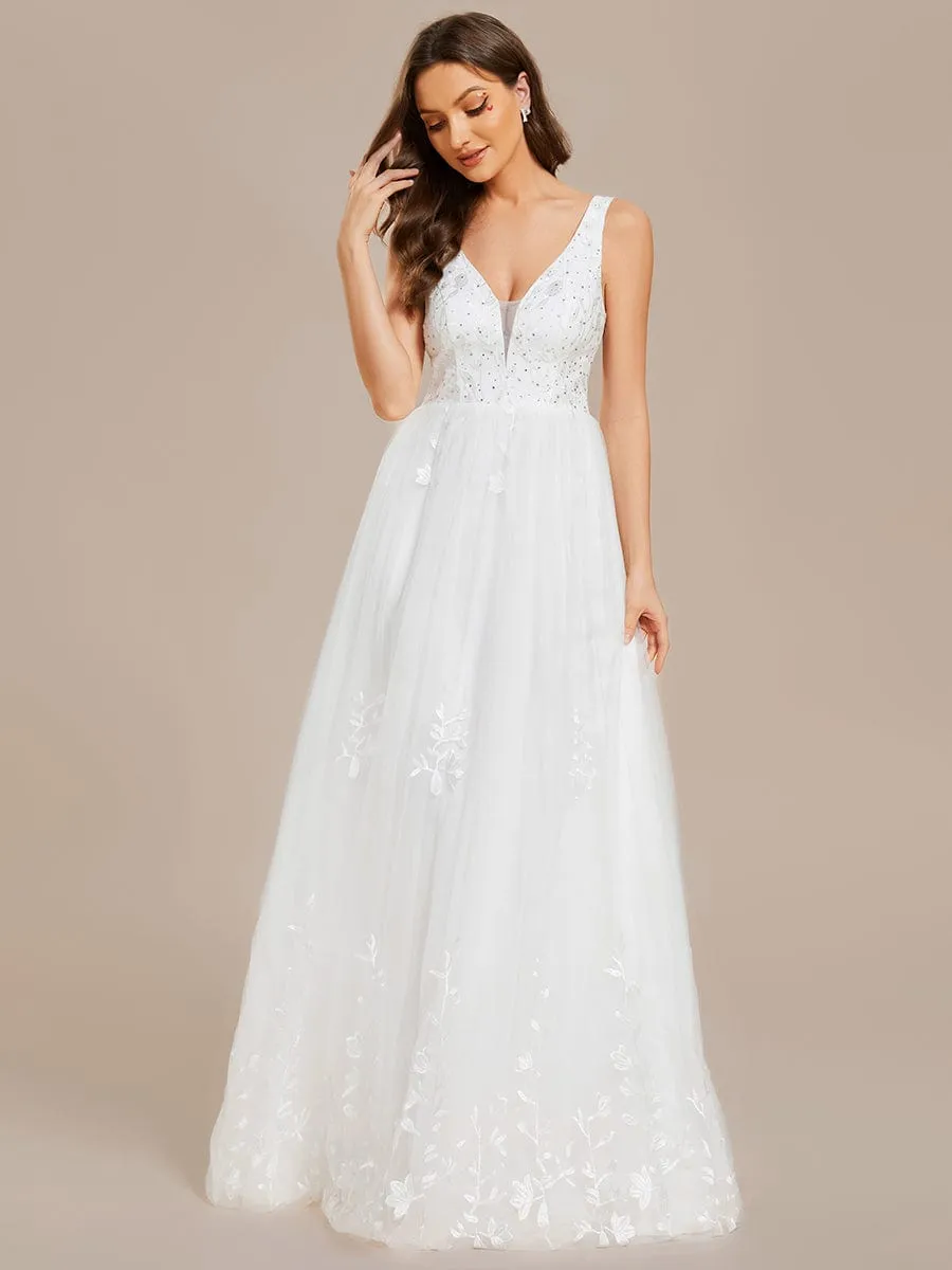 Sleeveless V-Neck A Line Embroidered Tulle Wedding Dress with Applique sold by Ever Pretty product image thumbnail 4