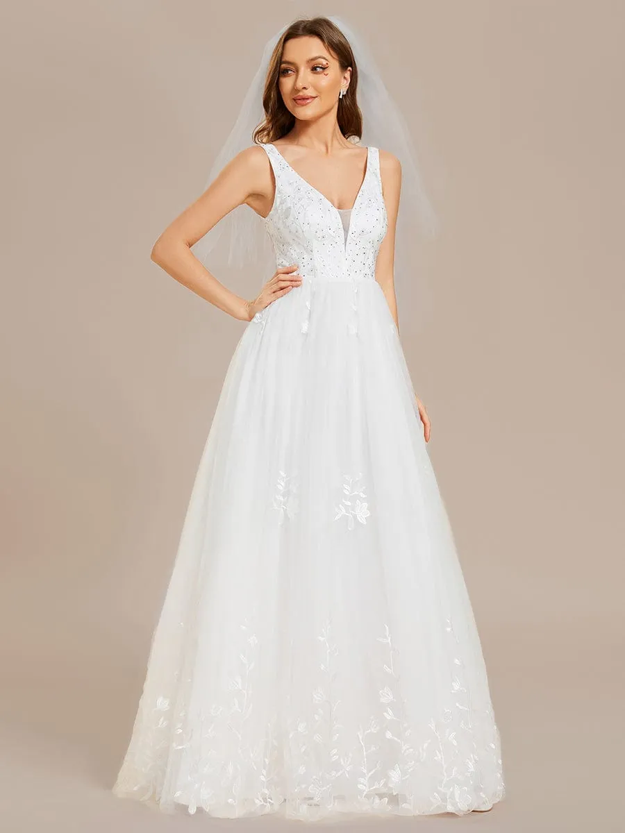 Sleeveless V-Neck A Line Embroidered Tulle Wedding Dress with Applique sold by Ever Pretty