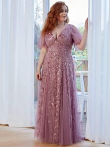 Plus Size V Neck Maxi Sequin Tulle Formal Dresses sold by Ever Pretty