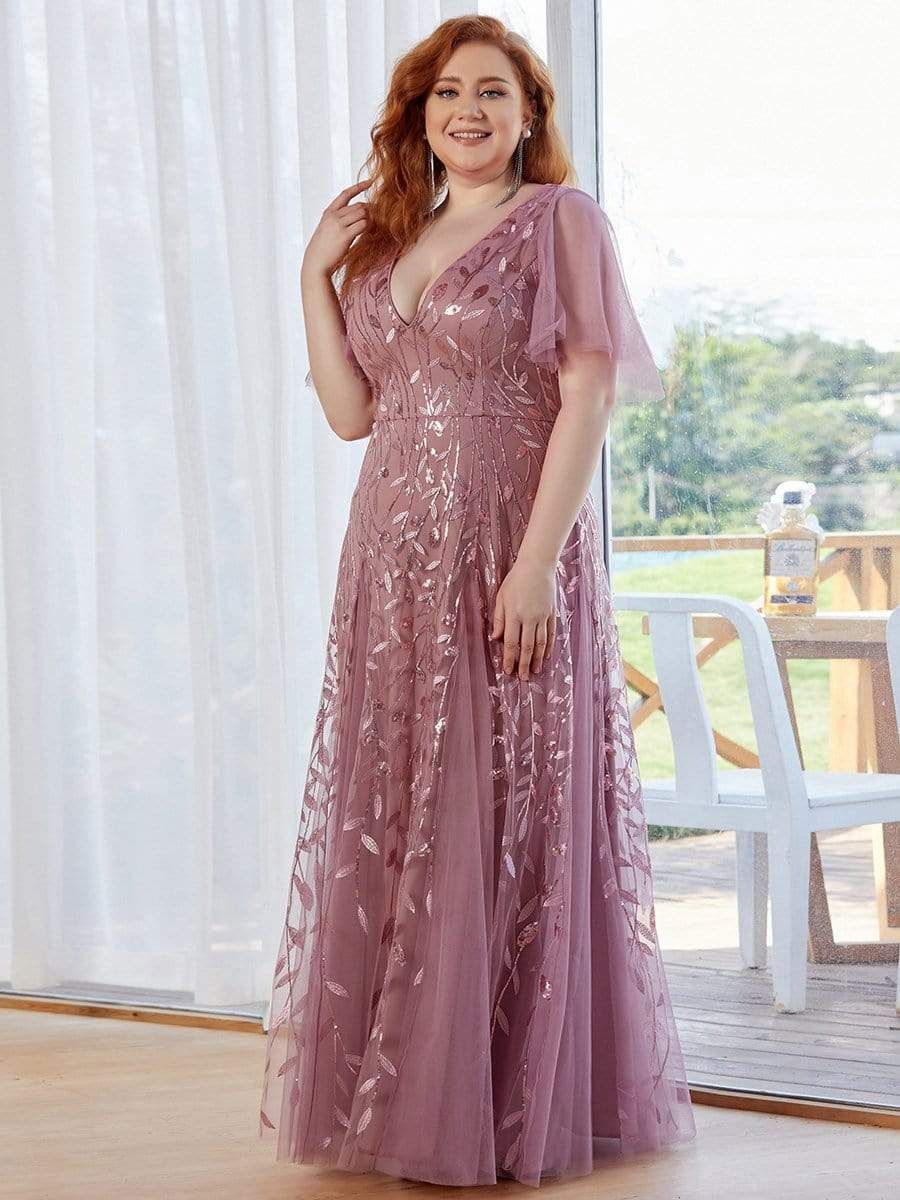 Plus Size V Neck Maxi Sequin Tulle Formal Dresses sold by Ever Pretty product image thumbnail 6