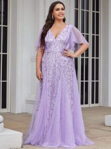 Plus Size V Neck Maxi Sequin Tulle Formal Dresses sold by Ever Pretty
