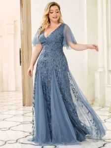 Plus Size V Neck Maxi Sequin Tulle Formal Dresses sold by Ever Pretty