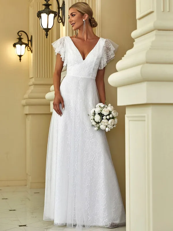 Double V Neck Long Lace Evening Dress with Ruffle Sleeves sold by Ever Pretty