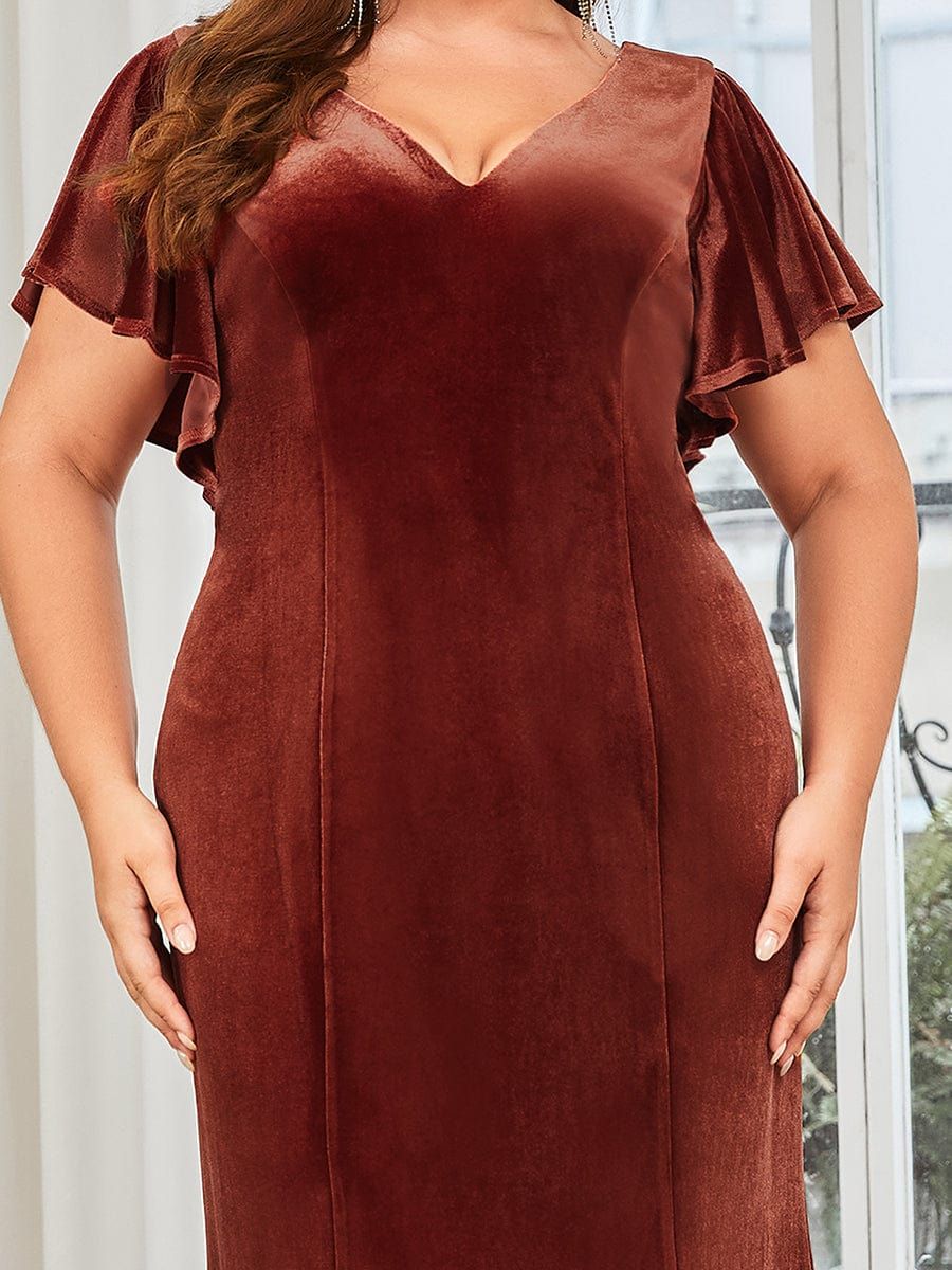 Plus Size Ruffle Sleeve V-Neck Plunging Back Velvet Bodycon Evening Dress sold by Ever Pretty product image thumbnail 3