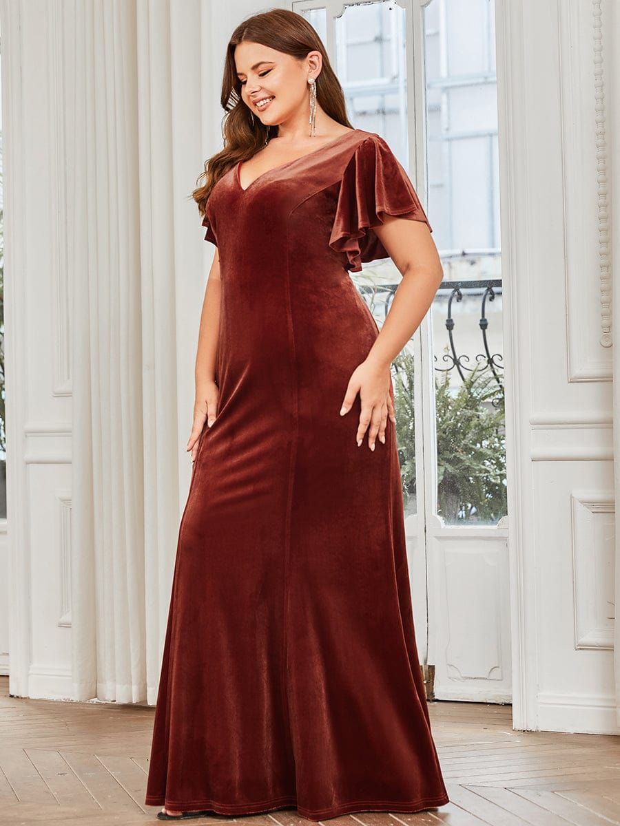 Plus Size Ruffle Sleeve V-Neck Plunging Back Velvet Bodycon Evening Dress sold by Ever Pretty product image thumbnail 4