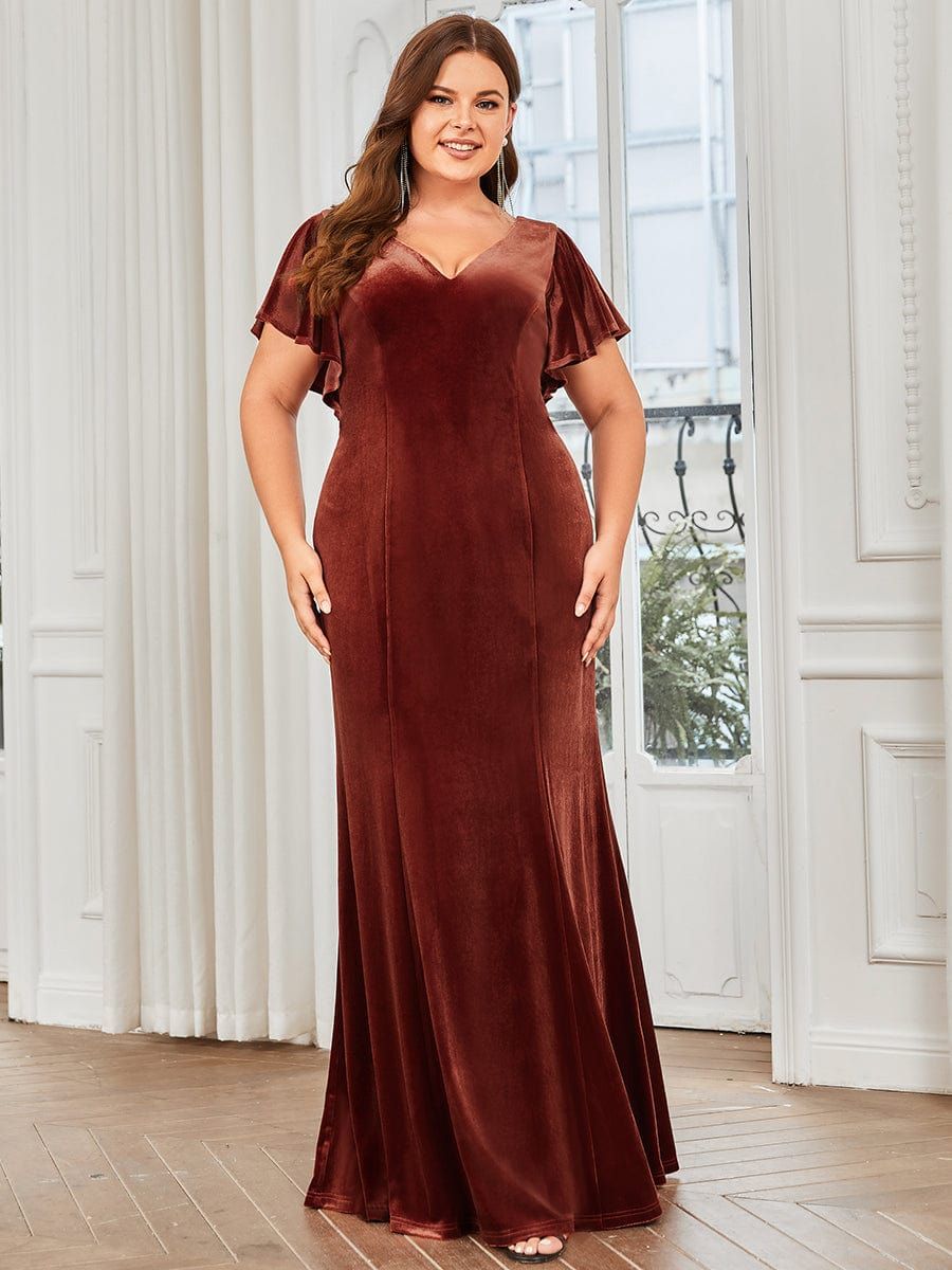 Plus Size Ruffle Sleeve V-Neck Plunging Back Velvet Bodycon Evening Dress sold by Ever Pretty