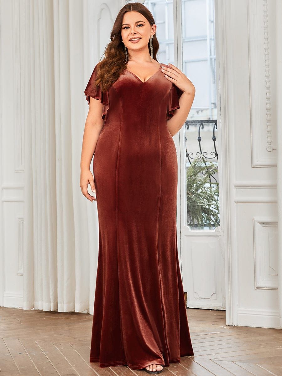 Plus Size Ruffle Sleeve V-Neck Plunging Back Velvet Bodycon Evening Dress sold by Ever Pretty product image thumbnail 5