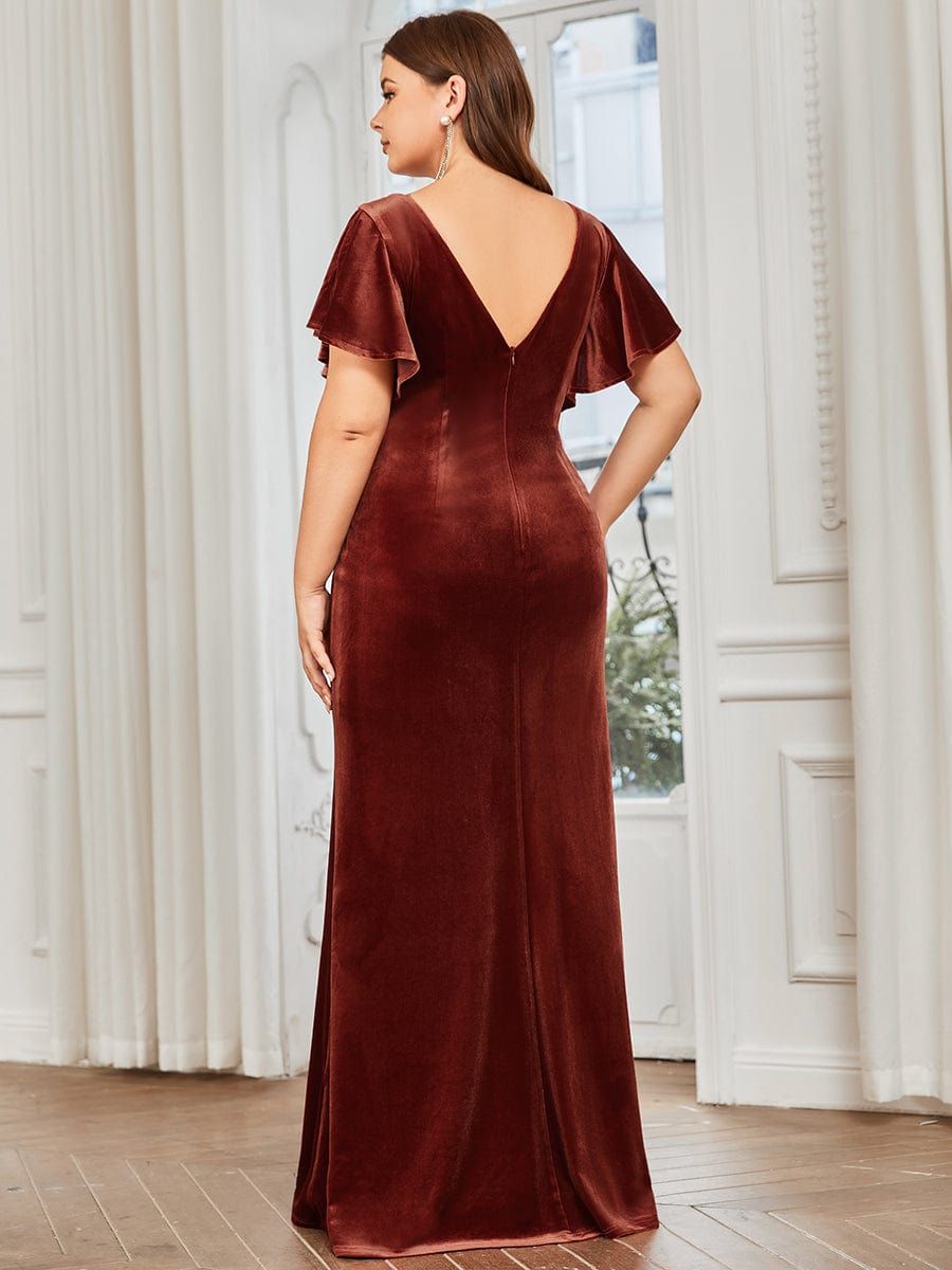 Plus Size Ruffle Sleeve V-Neck Plunging Back Velvet Bodycon Evening Dress sold by Ever Pretty product image thumbnail 2