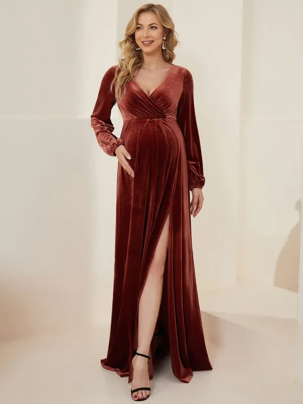 Long Sleeve Velvet V-Neck Front Slit Floor-Length Bump Friendly Dress sold by Ever Pretty