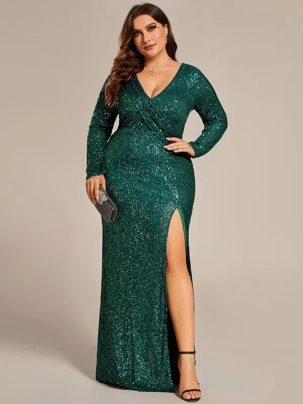 Plus Size Dazzling Sequin V-Neck Long Sleeves Bodycon High Slit Evening Dress sold by Ever Pretty