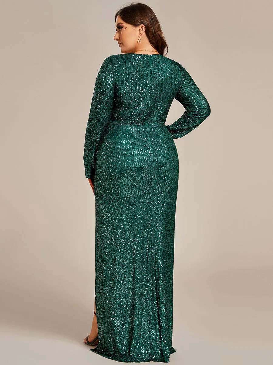 Plus Size Dazzling Sequin V-Neck Long Sleeves Bodycon High Slit Evening Dress sold by Ever Pretty product image thumbnail 2