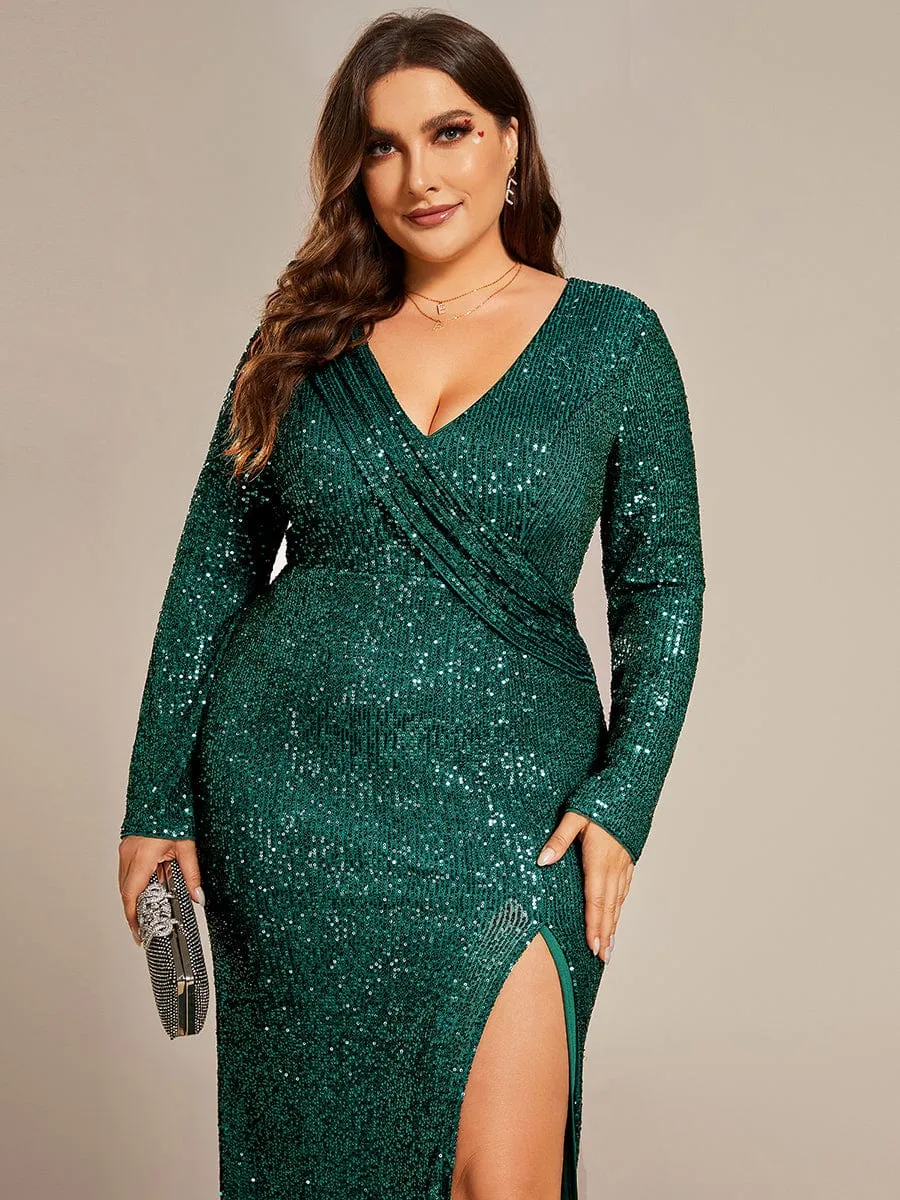 Plus Size Dazzling Sequin V-Neck Long Sleeves Bodycon High Slit Evening Dress sold by Ever Pretty product image thumbnail 3