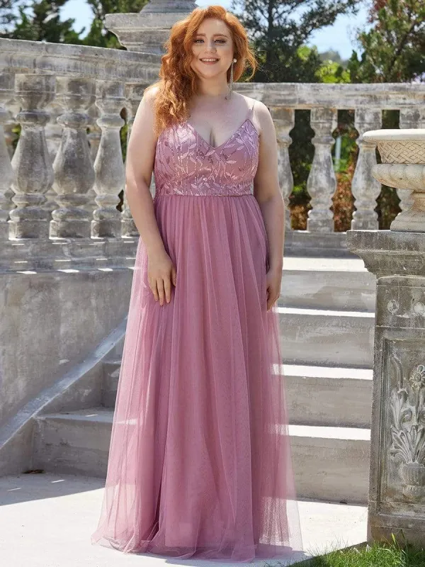 Plus Size Soft Spaghetti Straps V-Neck Embroidery Evening Dress sold by Ever Pretty