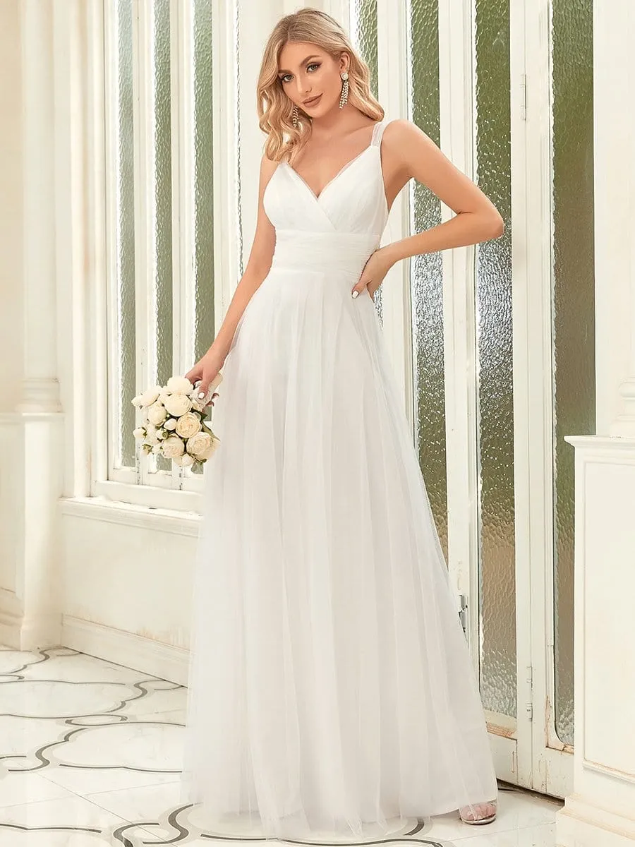 Deep V Neck Pleated Bodice Simple Tulle Wedding Dress sold by Ever Pretty product image thumbnail 5