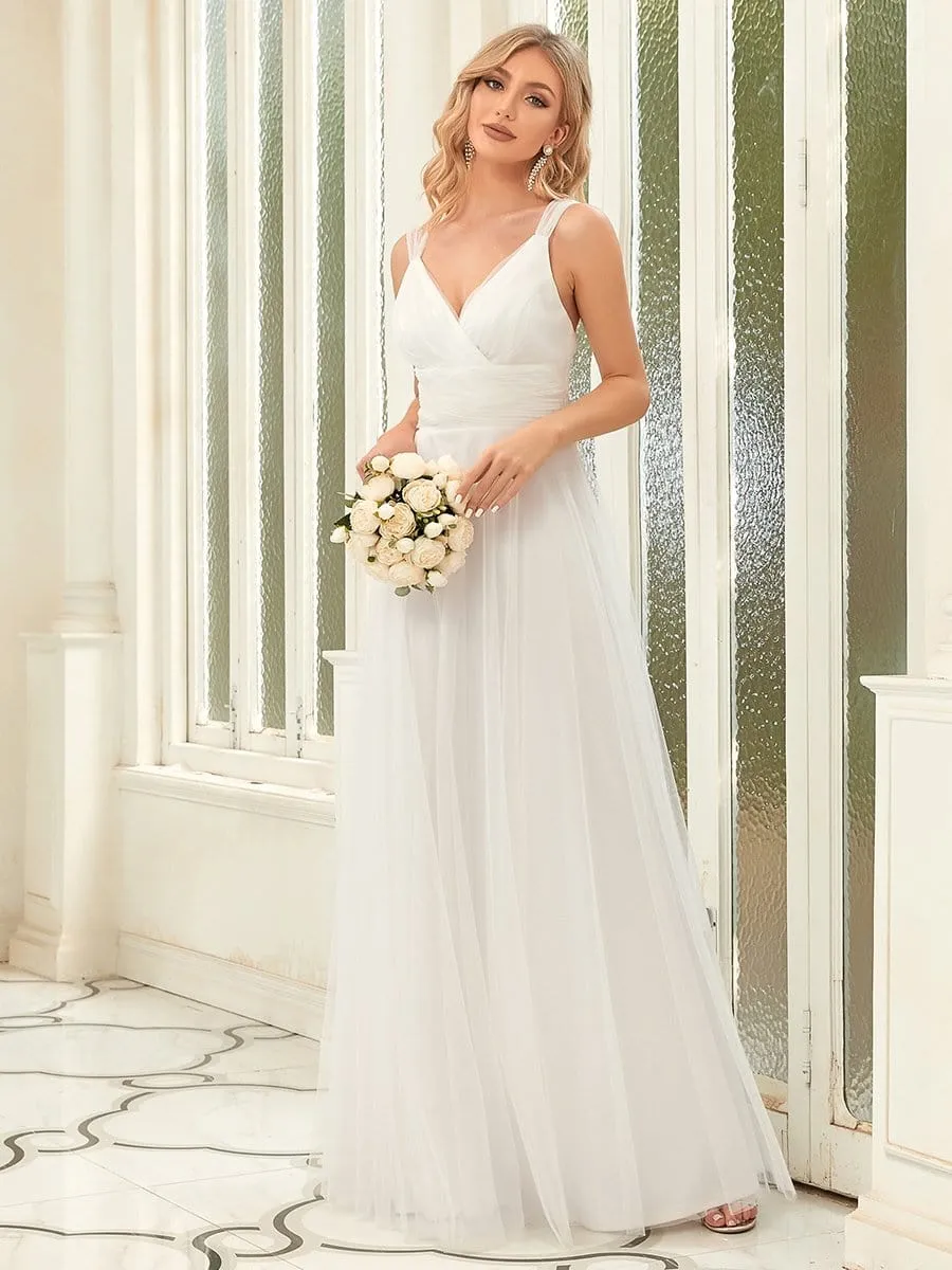 Deep V Neck Pleated Bodice Simple Tulle Wedding Dress sold by Ever Pretty product image thumbnail 4