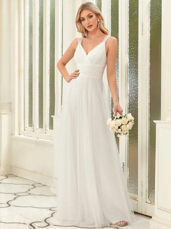 Deep V Neck Pleated Bodice Simple Tulle Wedding Dress sold by Ever Pretty