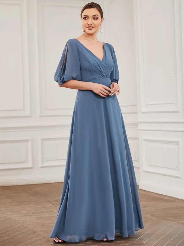 Pleated V-Neck Split Sleeve Chiffon Mother of the Bride Dress sold by Ever Pretty