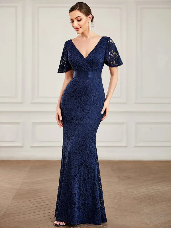 Ribbon Waist V-Neck Short Sleeve Lace Bodycon Fishtail Evening Dress sold by Ever Pretty