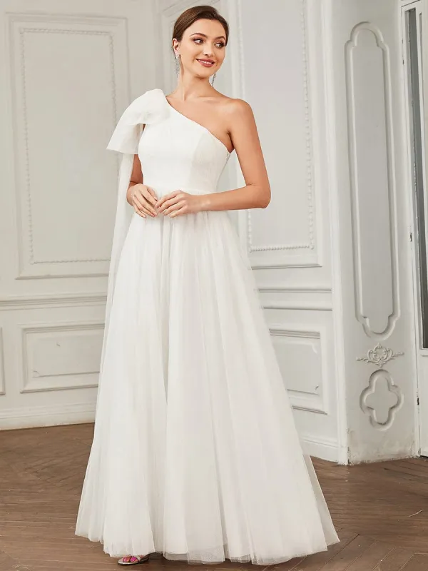 Asymmetrical Tie Sleeve Cinched Waist Layered Tulle A-line Wedding Dress sold by Ever Pretty