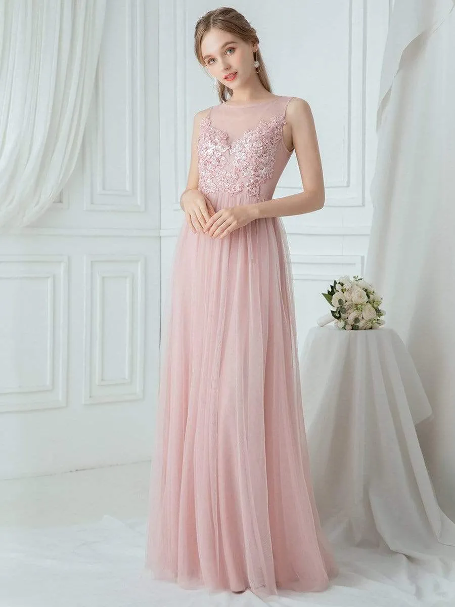 Elegant See Through Round Neck Applique Tulle Bridesmaid Dress sold by Ever Pretty