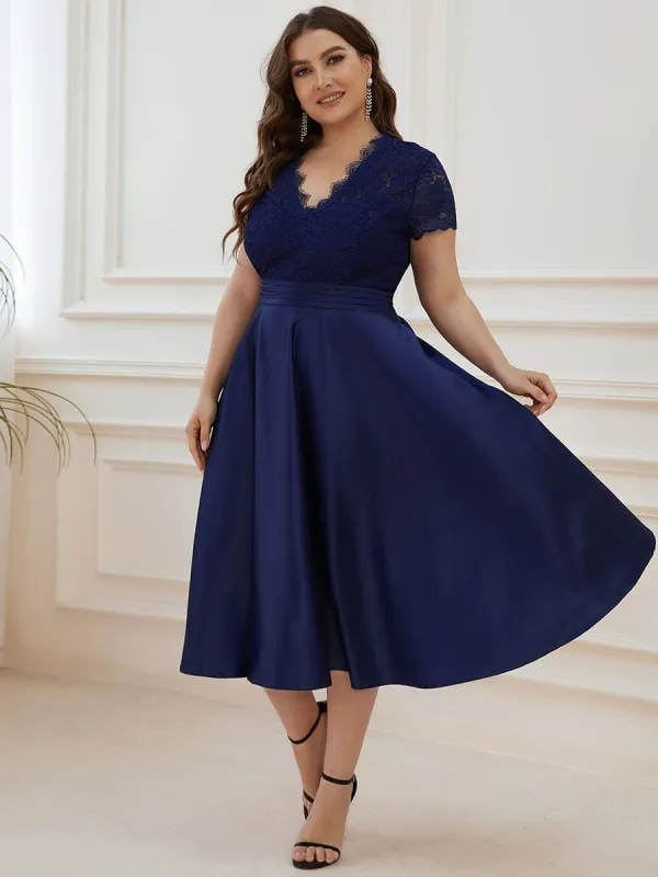 pretty HARLEY|Plus Size V-neck Lace Bodice A-line Cocktail Dress with Pockets sold by Ever Pretty
