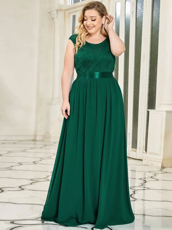 Plus Size Classic Round Neck V Back A-Line Chiffon Bridesmaid Dresses with Lace sold by Ever Pretty