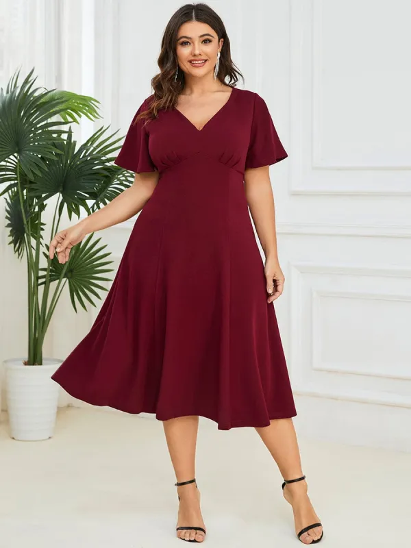 Plus Size Elegant Short Flutter Sleeve Midi Mother of the Bride Dress sold by Ever Pretty