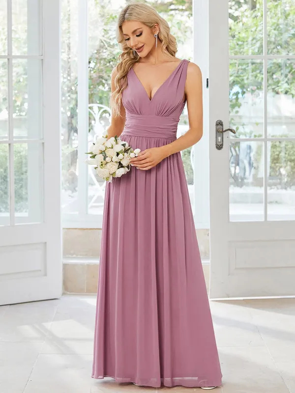Sleeveless V-Neck Plain Chiffon Maxi Bridesmaid Dress sold by Ever Pretty