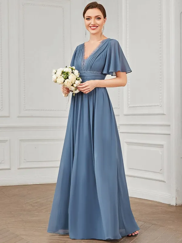 Lace A-Line Short Sleeve Chiffon Bridesmaid Dress sold by Ever Pretty