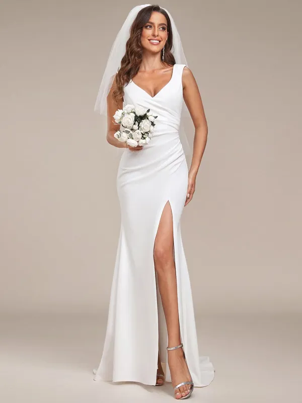 ever ARDEN|Ruched Bodycon Deep V-Neck Sleeveless Simple Wedding Dress sold by Ever Pretty